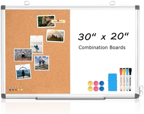 Magnetic Dry Erase White Board Cork Board Combo for Wall with Accessories