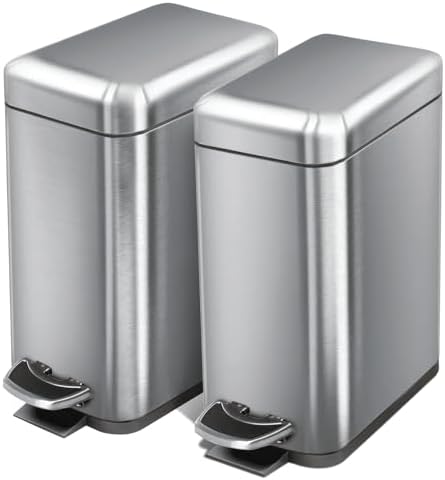 Home Zone Living 2-Pack 1.3 Gallon Small Bathroom Trash Can with Lid and Step Pedal, Stainless Steel Wastebasket with Slim Design for Home and Office, Silver, 5 Liters