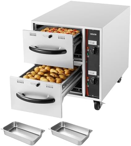 VEVOR Commercial Electric Drawer Warmer,2 Full-Size Pan Stainless Steel Food Warmer,Freestanding Standard Warming Drawer Cabinet,85°F–185°F Wide Temperature Range,for Restaurant, Hotel Buffet & Bakery
