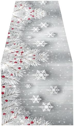 ALAZA Double-Sided Silver Christmas Tree Snowflake Table Runner 14x108 Inches Long,Table Cloth Runner for Wedding Birthday Party Kitchen Dining Home Everyday Decor