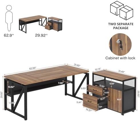 Tribesigns 63" Executive with Drawer Cabinet, L Shaped Desk and Lock lateral File Cabinet, 2 Piece Home Office Furniture Set with Drawers for Hanging File, (Brown, 63 inches)