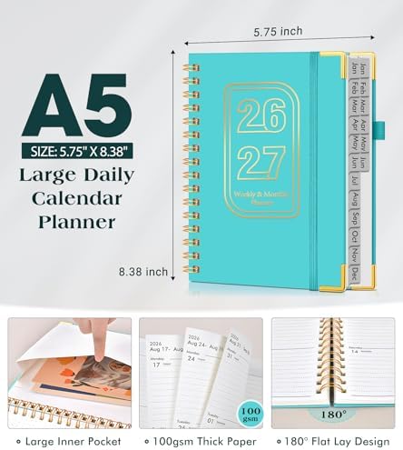 Academic Planner 2026-2027, Weekly and Monthly Hardcover Planner, July 2026 - June 2027, 5.75" x 8.38" A5 Large Daily Calendar Planner Book with Tabs, Spiral Yearly Agenda Organizer Notebook for School Work Home, Aquamarine