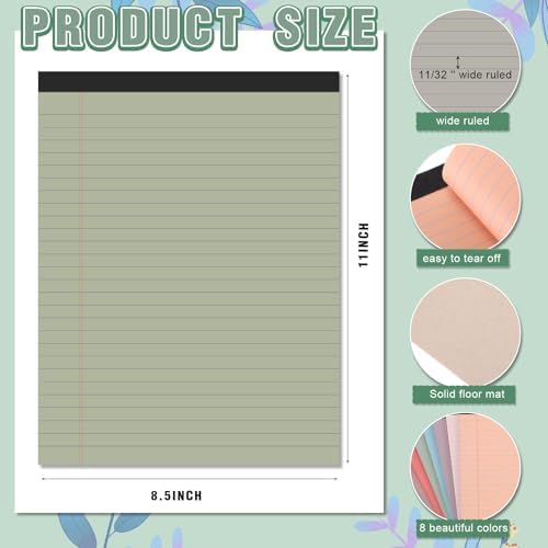 8.5'' x 11'' Colored Legal Pad Writing Wide Ruled, Retro Colors, 8 Pcs