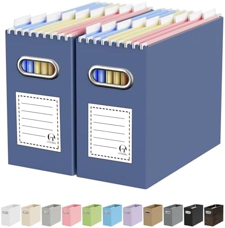 Oterri Portable Collapsible Cardboard File Box with Handle for Letter-Size | 2-Pack. Stainless Steel Handle. Label Stickers Included. Fits Letter Folders (Not Included). Home, Office, School, Dorm, Tax.