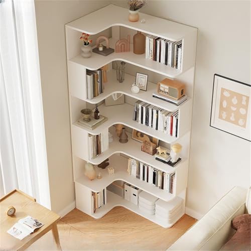 Vertical L-Shape Storage with Open Back 6 Shelves Corner Bookshelf Wood Floor Rack Student Integrated Wall Bookcase Corner Cabinet Multi-Layer Storage Cabinet White 24" L x 35" W x 75" H