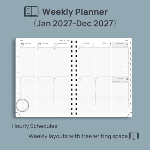 POPRUN 2027 Planner Daily Weekly and Monthly Calendar with Hourly Schedule(Medium Size 8.5'' x 6.25'' Wire-Bound Hard Cover) - Agenda 2027 (Jan.2027-Dec.2027), Monthly Tabs - Violet