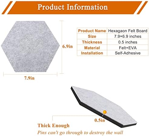 8Pcs Hexagon Felt Cork Board Tiles, Self Adhesive DIY Bulletin Board Pin Board for Office School Home Wall Decor Stickers Memos Photos Display (Gradual Grey)