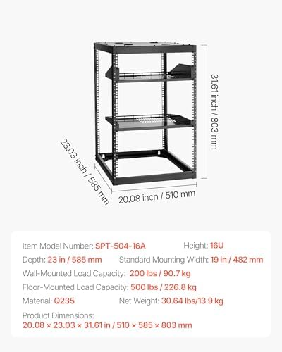 VEVOR 16U Open Frame Server Rack & Network Rack, Wall Mounted or Floor Standing, Heavy Duty 4 Post, with 2PCS Vented 1U Shelves & Mounting Hardware, Holds All 19'' Networking IT Equipment AV Gear