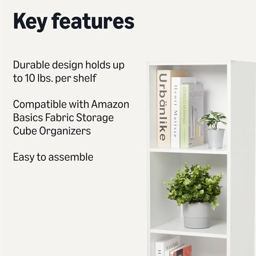 Amazon Basics 3-Cube Bookcase Compatible with Fabric Storage Cube Organizers, Sturdy, Easy to Assemble, White