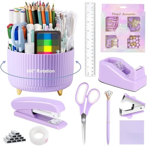 Office Supplies,School Supplies,Purple Desk Accessories,Desk Organizer,Scissors,Stapler,Tape Dispenser,Binder Clips,Staples,Staple Remover,Sticky Notes,Clear Tape,Pen,Ruler,Best Gift,11pcs