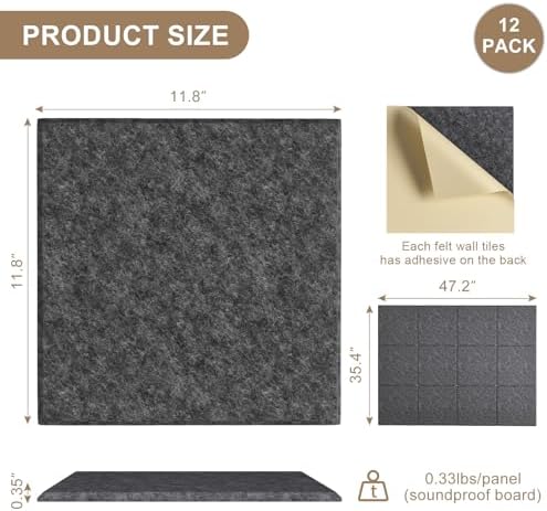 Large Felt Bulletin Board 48" x 36" Self Adhesive Cork Board Alternative 12 Pack Felt Wall Tiles Cork Boards For Walls Thick Slat Wall Panels For Home Office Classroom Decor Pin Board-Black