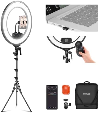 NEEWER 18 Inch Edge Lit Ring Light with Tripod Stand Phone Holder Compatible with iPhone for Video Recording Selfie Makeup Studio Streaming, 45W 2900-7000K APP 2.4G Control Ringlight Lighting, RL45B