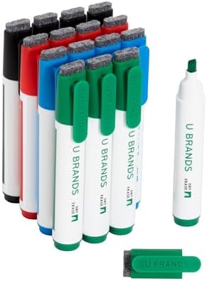 U Brands Dry Erase Markers Chisel Tip Set, 16 Pack, Assorted Colors, Whiteboard Pens with Chisel Point and Built In Eraser Caps, Low Odor Ink, Dry Erase Markers For Classroom, Office, Or Home