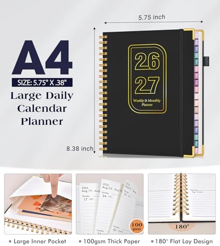 Academic Planner 2026-2027, 18 Months Weekly and Monthly Hardcover Planner, July 2026 - December 2027, 8.5" x 11" A4 Large Daily Calendar Planner Book with Tabs, Spiral College School Agenda Organizer for Student Teacher, Black