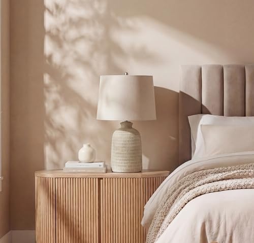 Nourison Home 24" Natural Beige Textured Ceramic Table Lamp with Tan Linen Shade, Farmhouse Accent Lamp, Bedside Nightstand Lamp for Bedroom, Living Room