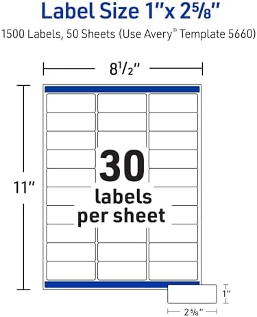 Avery Printable Address Labels, Sure Feed Technology, 1" x 2-5/8", Matte Clear, Compatible with Laser Printers, 1,500 Blank Labels, Great for Mailing, Branding, and More (5660), (Pack of 5)