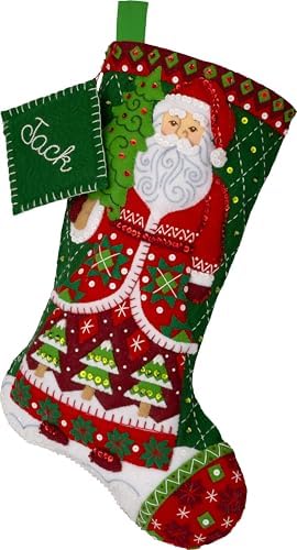 Bucilla Felt Applique 18" Stocking Making Kit, Santa's Quilted Delight, Perfect for DIY Arts and Crafts, 89734E