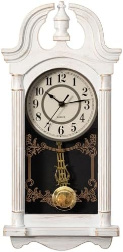 Clockswise Vintage Grandfather-Style Wall Clock with Wood-Effect Plastic Pendulum Battery-Operated for Home Decor Living Room Home Office Kitchen or Dining Room (White)