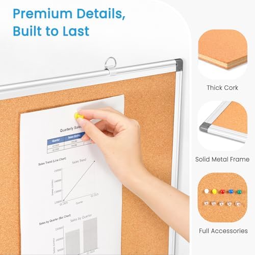 Double-Sided Cork Bulletin Board for Wall, WALGLASS 36" x 24" Notice Board
