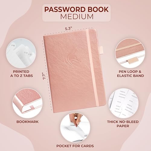 Clever Fox Password Book with Alphabetical Tabs, 5.3"x7.7" Keeper Rose Gold