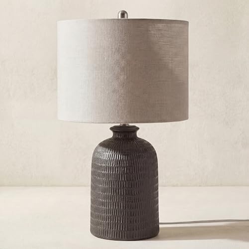 Nourison Home 24" Black Textured Ceramic Table Lamp with Tan Linen Shade, Rustic Farmhouse Accent Lamp, Bedside Lamp for Bedroom, Nightstand, Living Room