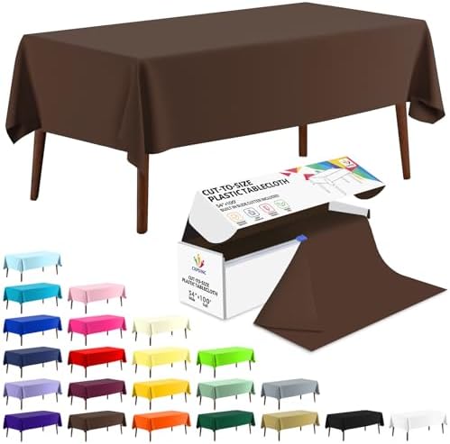 CXPSINC 54 Inch X 100 Feet Plastic Table Cover Roll Disposable Tablecloth with Slide Cutter for All Type/Shape Tables | Party, Banquet, Birthdays, Weddings(Brown, 100 Feet)