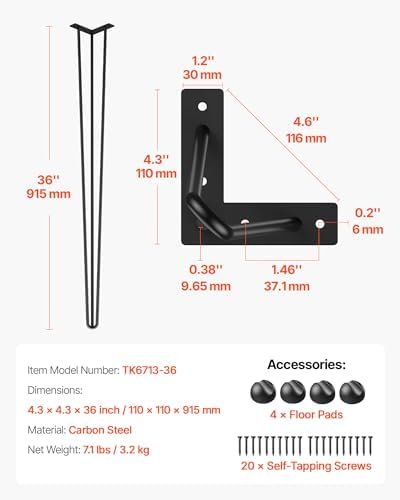 VEVOR Hairpin Table Legs 36 in Black Set of 4 Desk Legs 220 lbs Load Capacity Each Leg Hairpin Desk Legs 3 Rods for Bench Desk Dining End Table Chairs Carbon Steel DIY Heavy Duty Furniture Legs