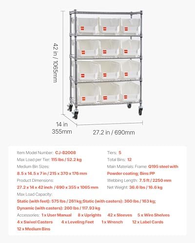 VEVOR 5-Tier Rolling Bin Storage Rack, 12 Organizer Bins, Bin Rack Storage Steel Wire Shelving System with Wheels, Mobile Tool Organizer for Garage, Warehouse, Office, Restaurant, Classroom, Kitchen