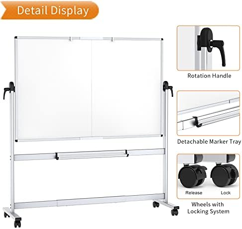 VIZ-PRO Double-Sided Mobile Whiteboard, 72 x 48 Inches, Magnetic Rolling Dry Erase White Board on Wheels with Aluminium Frame and Stand 6' x 4'