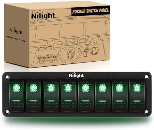 Nilight 8 Gang Rocker Switch Panel 5Pin On Off Toggle Switch Aluminum Holder 12V 24V Dash Pre-Wired Green Backlit Switches for Automotive Cars Marine Boats RVs Truck, 2 Years Warranty
