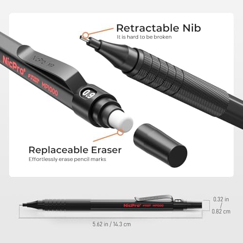 Nicpro 0.9 Metal Mechanical Pencil Set with Case, 3PCS Black MP1000 0.9mm Drafting Pencil, 8 Tubes HB Lead Refills, 3PCS Erasers, Erasers Refills for Artist Writing, Drawing, Sketching