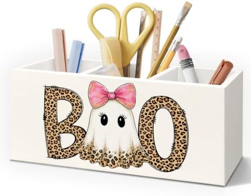 Coquette Halloween Ghost Leopard Print Pen Pencil Holder for Desk