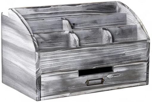 Rustic Wooden Office Desk Organizer 5 Compartment with 2 Drawer &Counter Home Tabletop Desktop Jewelry Mail Rack Storage Box for Pens Notebooks Folders Pencils (Grey white)