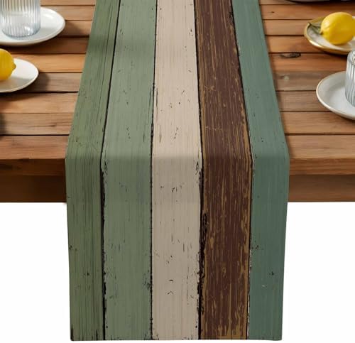 Green Brown Wood Grain Table Runner Dresser Scarf 13 x 108 Inch Vintage Mottled Board Striped Farm Table Runners Non-Slip Heat Resistant Kitchen Dining Table Decor for Home Holidays Indoor Outdoor