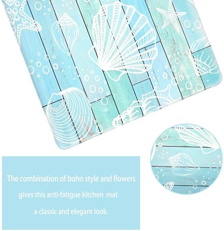 Beach Kitchen Mats for Floor Coastal Kitchen Rugs Cushioned Anti Fatigue Mats for Sink, Stove, Desk, Laundry,17"x30"+17"x47", Blue