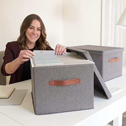 Decorative File Organizer Box Set of 2 - Collapsible Linen Filing Cabinets | Stores Documents and Hanging File Folders - Portable Office Crates with Lid and Handles for Easy Slide Access