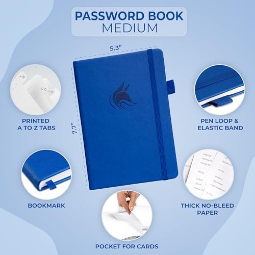 Clever Fox Password Book with Alphabetical Tabs, 5.3x7.7 Keeper Royal Blue