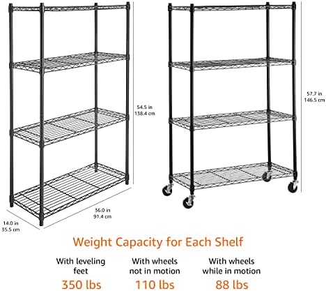 Amazon Basics 4-Shelf Heavy Duty Garage Shelving Storage Unit on 3" Wheel Casters, Adjustable Metal Wire Rack with Leveling Feet, 36" x 14" x 57.75", Black