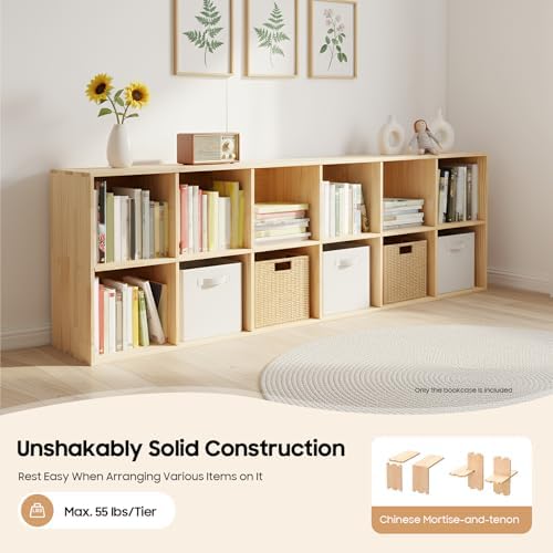 12 Cube Storage Organizer - Solid Wood Bookshelf - Cube Shelf - Vertical or Horizontal Bookcase - Open Book Shelf - Easy Assembly for Bedroom, Living Room, Office