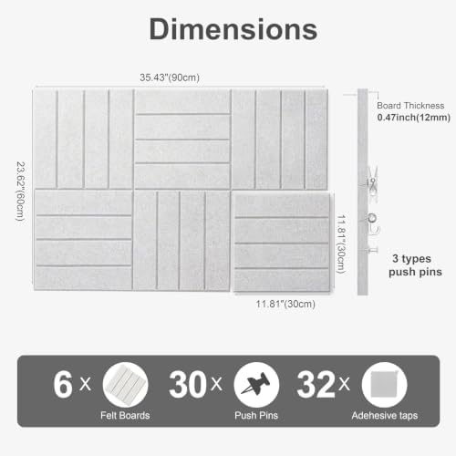 0.47" Thick Felt Wall Tiles 36"x24" Cork Board Alternative 6 Pack 11.81"x11.81"Felt Bulletin Board Pin Board with Removable Adhesive Tape&30 Pushpins for Home Office School(Bold-Light Camel)
