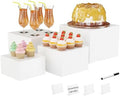 Metal Buffet Risers,4PCS Food Risers for Buffet Table 5in to 8in Display Stand with Mini Acrylic Signs for Catering Dessert Collectibles Jewelry Figures Show Grayish White Cube Boxes Nesting Risers with Hollow Bottoms