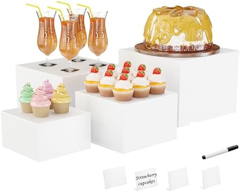 Metal Buffet Risers,4PCS Food Risers for Buffet Table 5in to 8in Display Stand with Mini Acrylic Signs for Catering Dessert Collectibles Jewelry Figures Show Grayish White Cube Boxes Nesting Risers with Hollow Bottoms