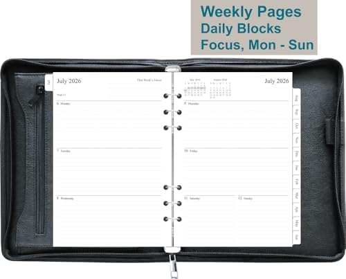 Fan&Ran 2026-2027 Zippered Planner, 6-Ring Portfolio Binder with Weekly Inserts, A5 Size, Black