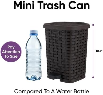 Superio Mini Trash Can with Foot Pedal Small Outdoor Garbage Can with Lid, 1.5 Gallon Plastic Waste Basket for Bathroom, Bedroom, Kitchen, Office, Patio (Wicker Brown 6 QT.), 2 Pack