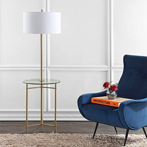 JONATHAN Y Chuck 59" Metal and Glass Side Table Floor Lamp, Brass Gold