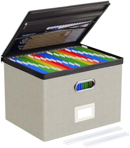 Oterri File Box Large 1-Pack Hanging Organizer for Letter/Legal-Size Folder | Dustproof Lid. 3 Mesh Pockets. Collapsible Scratch-Resistant GRS Linen. Slide Rails. Office, Home, Dorm