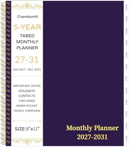 2027-2031 Monthly Planner, 5 Year Monthly Planner/Calendar 2027-2031, 60-Month Jan 2027 – Dec 2031, 9" x 11", Tabs, Double-Side Pocket, Holidays, Thick Paper - Purple
