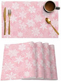 Christmas Placemats Set of 6, Pink White Snowflakes Pattern Heat Resistant Washable Table Place Mats Winter Cotton Table Linens Party Holiday Decor for Kitchen Dining Outdoor Indoor