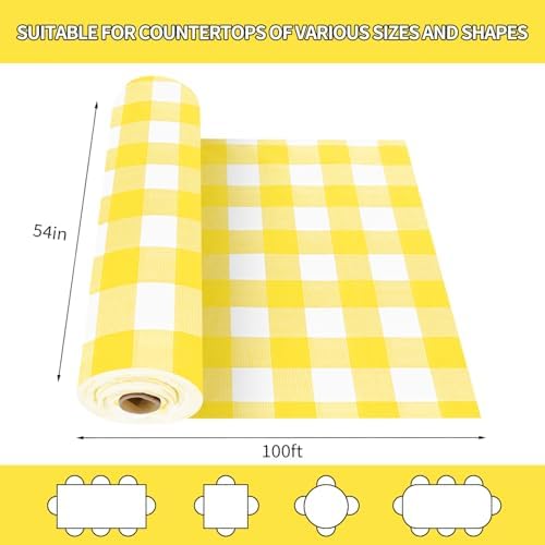 CXPSINC 54 Inch X 100 Feet Plastic Table Cover Roll Disposable Tablecloth with Slide Cutter for All Type/Shape Tables | Party, Banquet, Birthdays, Weddings(Yellow Checkered, 100 Feet)
