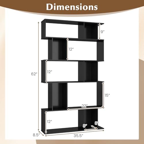 Giantex 5-Tier Bookshelf, 10-Cube Geometric Book Case with 5 Closed-Back Cubbies, Anti-toppling Kits, Open Display Storage Shelf for Living Room, Home Office, Bedroom, Black